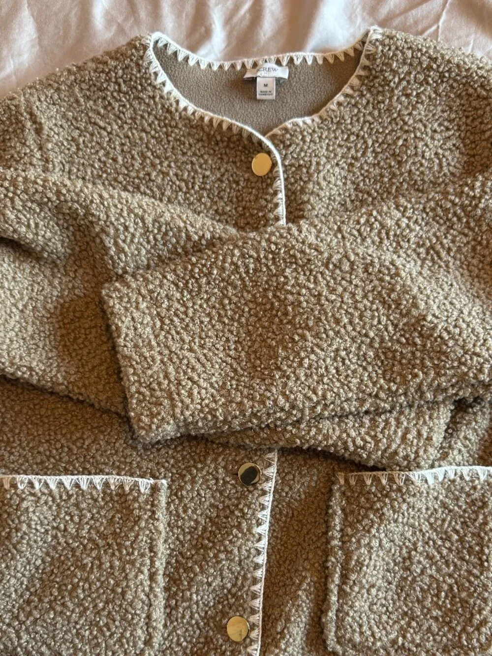J.Crew Crew Neck Brown Sherpa Jacket Blanket Stitch Gold Button Fleece M